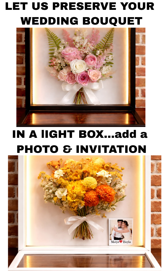Wedding Bouquet Preservation-Preserved Flower Bridal Bouquet Preservation, Large keepsake , Light Sign Shadow Box Boutonniere Announcement